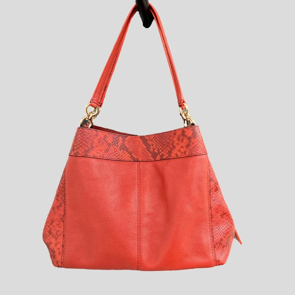 Coach Lexy Orange/Cognac Pebbled Leather Python Embossed Trim Gold Tone Hardware - Picture 8 of 15